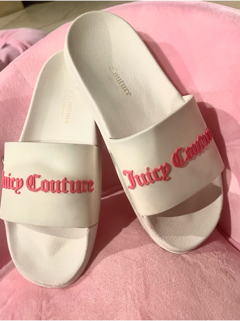Juicy Couture White Slide Sandals with Pink Logo